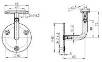 Handlaufträger mit Gelenk 60x72mm 42,4mm D80mm d6,5mm